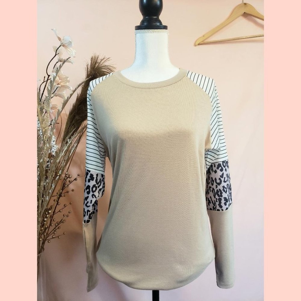 Tan Leopard Block Tee Long Sleeve